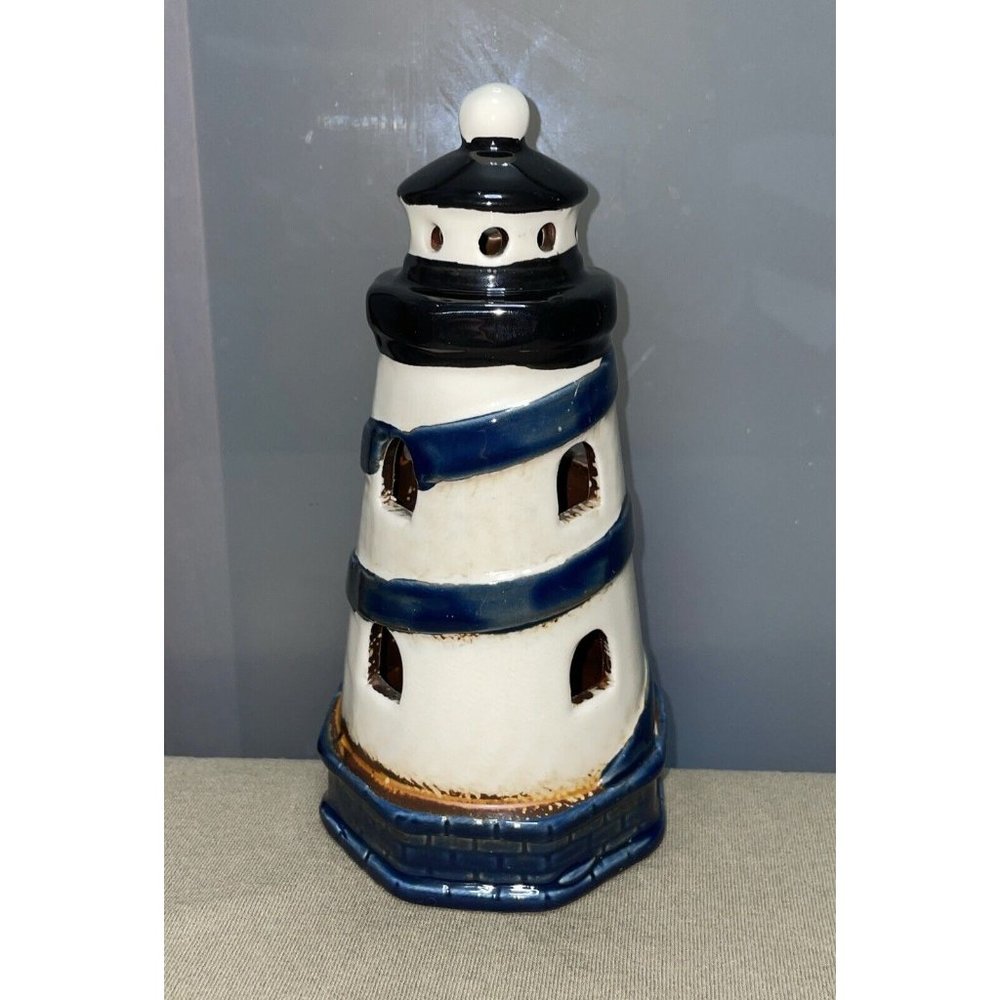 Lighthouse Nautical Spiral Hand Painted Ceramic Vintage Nightlight Light 7”